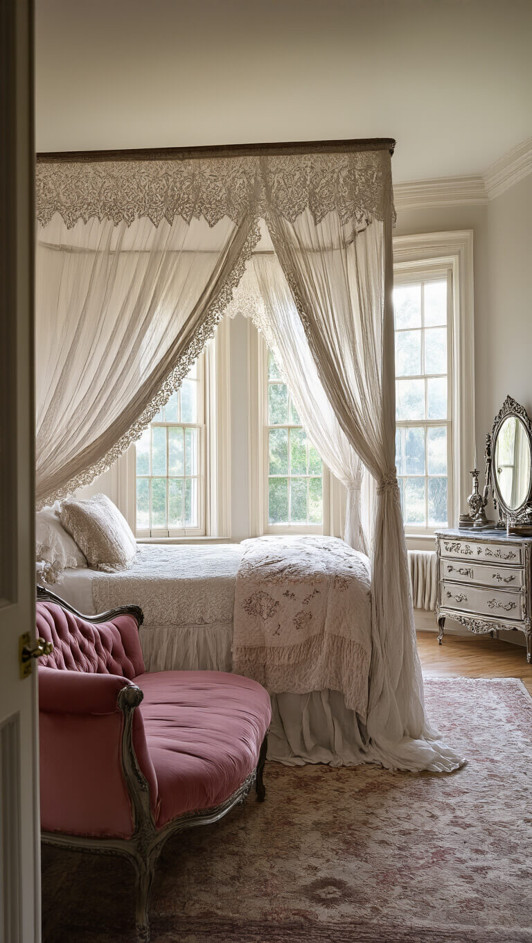 Elegant master bedroom with four-poster bed, antique lace canopy, vintage linens, dusty rose Victorian fainting couch by bay window, and ornate silver vanity on marble dresser in soft morning light.