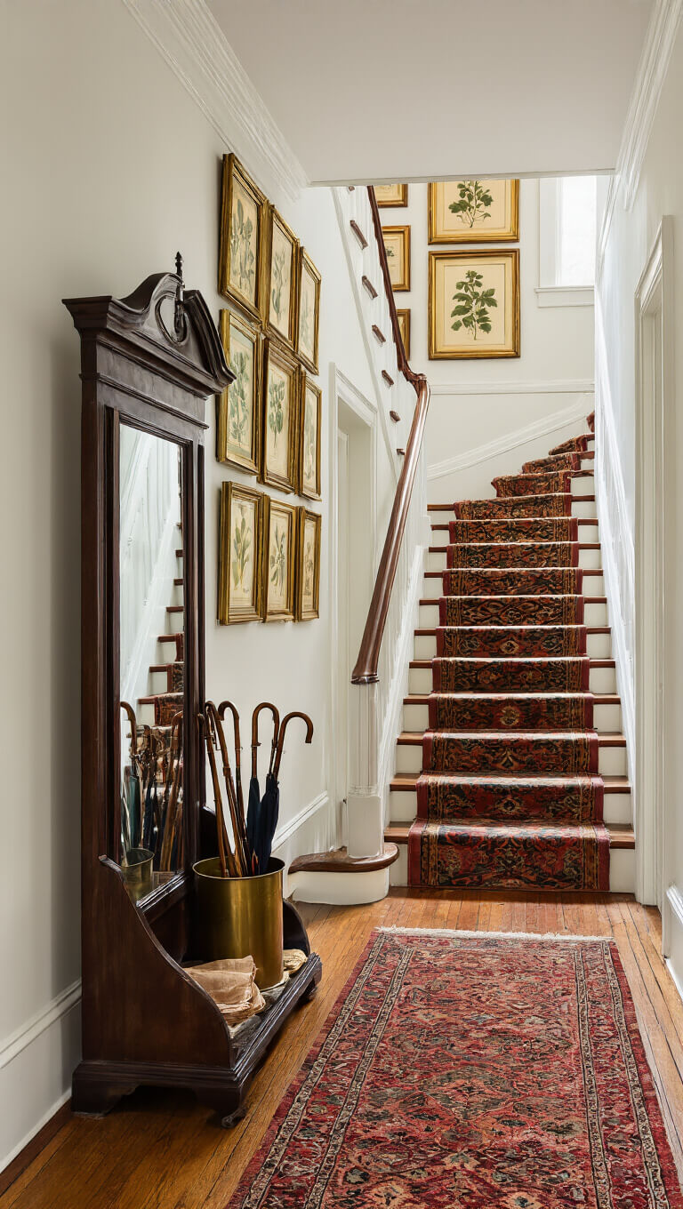 Eclectic 10x12ft entryway with Victorian hall tree, brass umbrella stand, gallery wall of antique botanical prints, oriental runner on hardwood, viewed from bottom of stairs in natural midday light.
