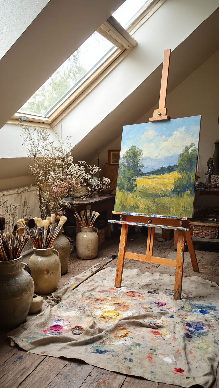 Bohemian artist's studio with vintage easel, oil painting, antique brushes, and natural afternoon light streaming through skylights onto paint-splattered floors.