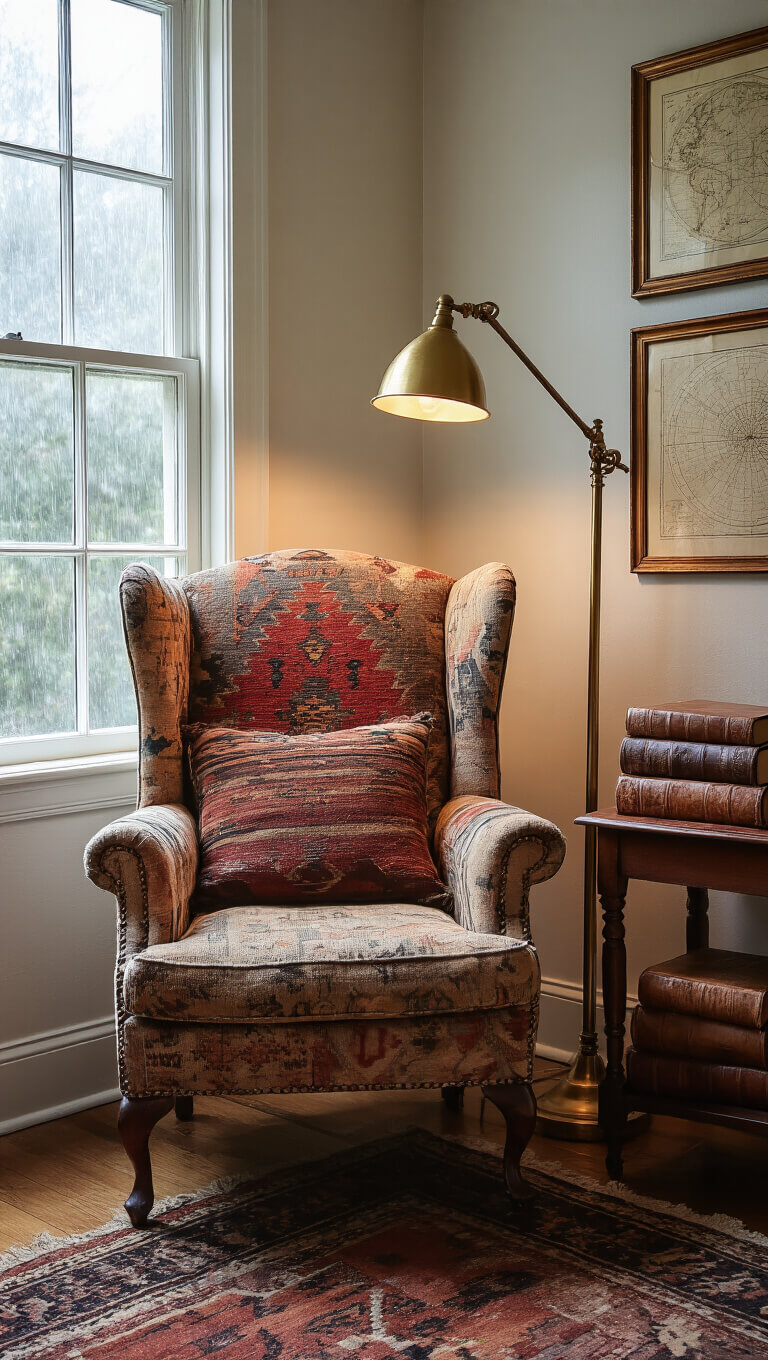 Cozy 8x10ft reading nook with vintage kilim wingback chair, brass floor lamp, leather-bound books on Victorian table, and copper-framed maps on walls; soft rainy light creates a moody, contemplative atmosphere.