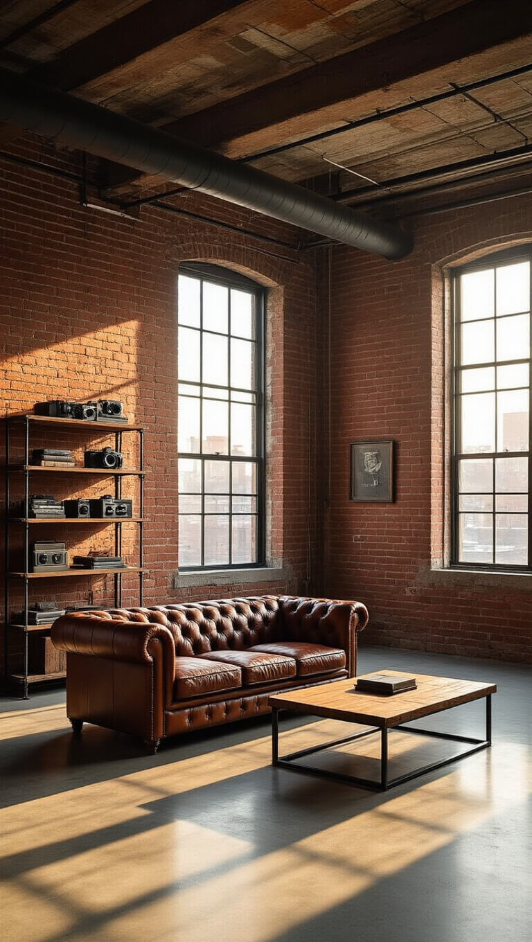 Industrial loft living room with sunlit concrete floors, brick walls, and a leather sofa beneath exposed ductwork at golden hour.