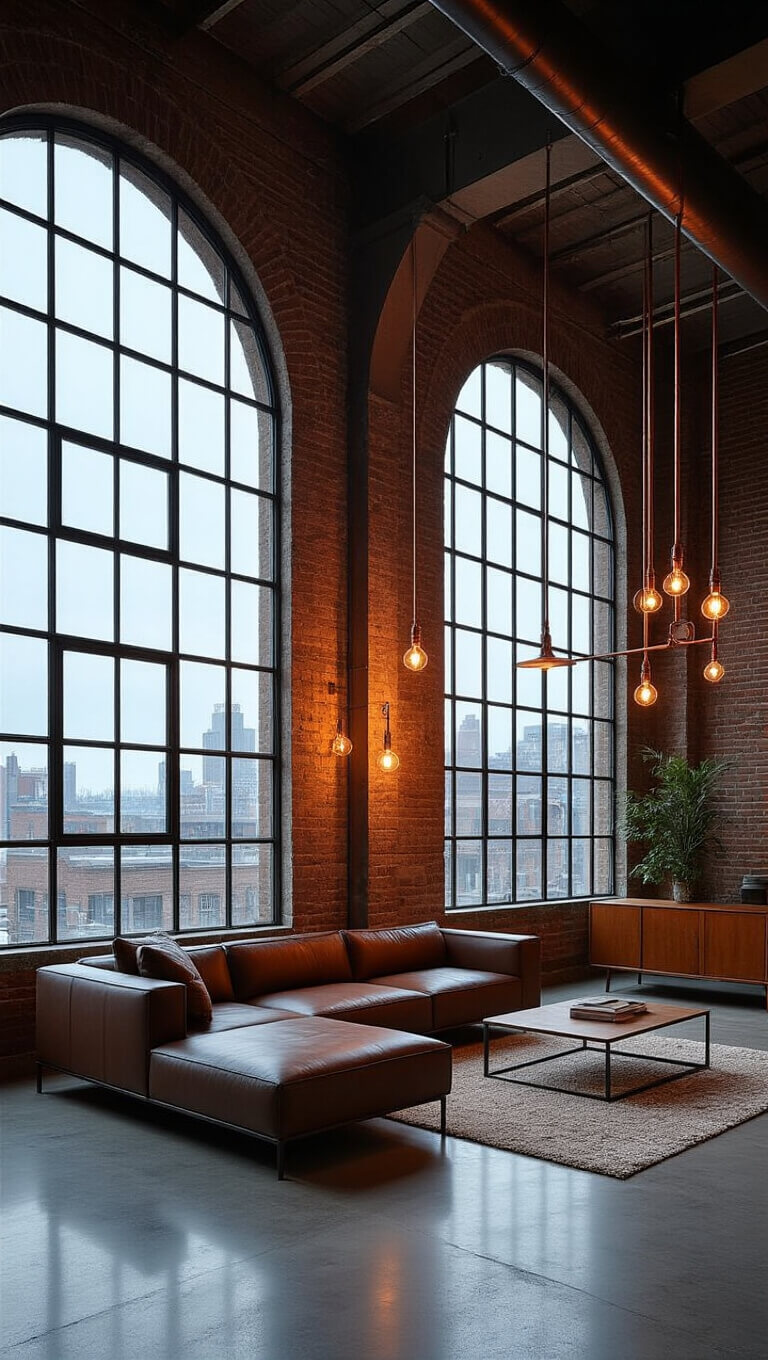 Contemporary industrial living room with arched factory windows, polished concrete floors, minimal modern furniture, and copper pipe lighting during blue hour.