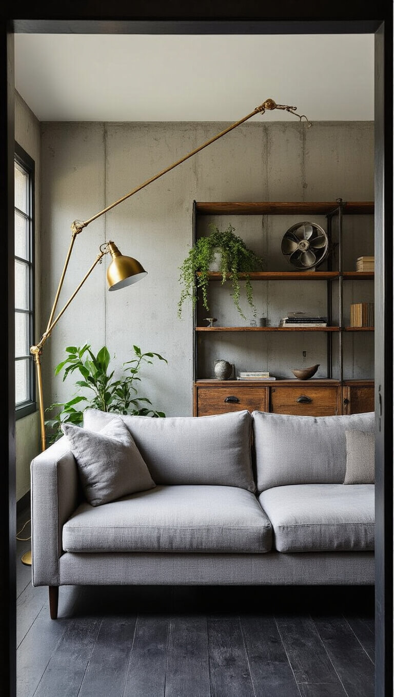 Urban 16x16ft room with concrete walls, dark timber floors, gray sofa under brass floor lamp, reclaimed wood and steel bookcase, vintage fan wall art, natural and spot lighting.