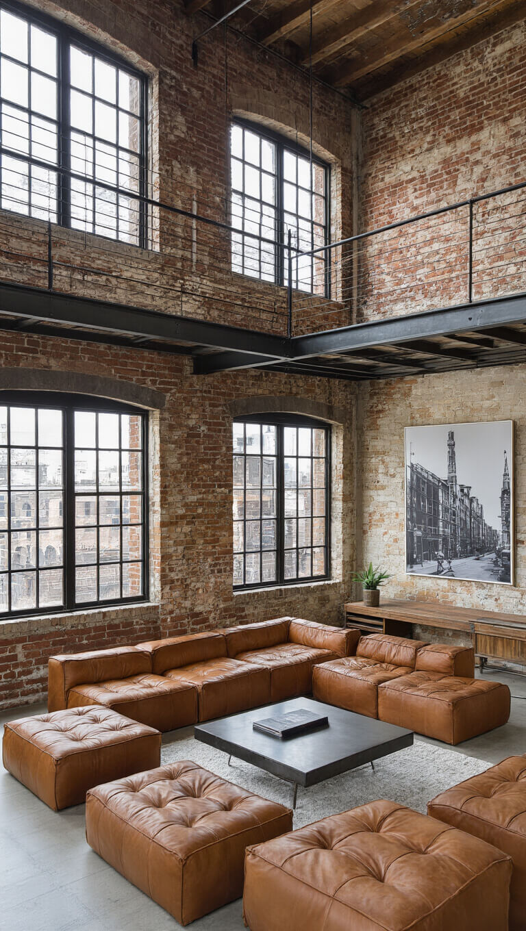 Double-height industrial living room with exposed brick walls, suspended catwalk, cognac leather seating around steel coffee table, viewed from above in early morning light.