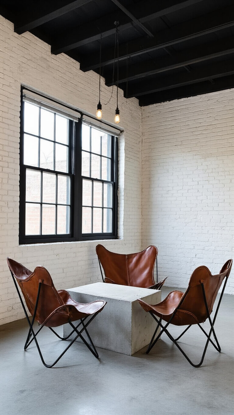 Moody twilight shot of compact 14x16ft industrial den with exposed black ceiling joists, white brick walls, steel-framed windows, leather butterfly chairs, and concrete plinth coffee table.