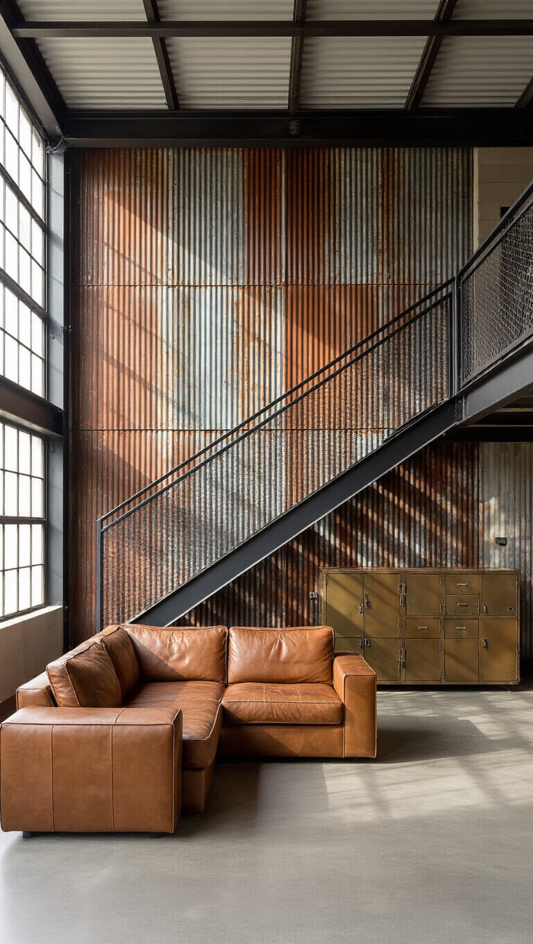Industrial living space with floating steel staircase, leather sectional, and corrugated metal accent wall in midmorning light.