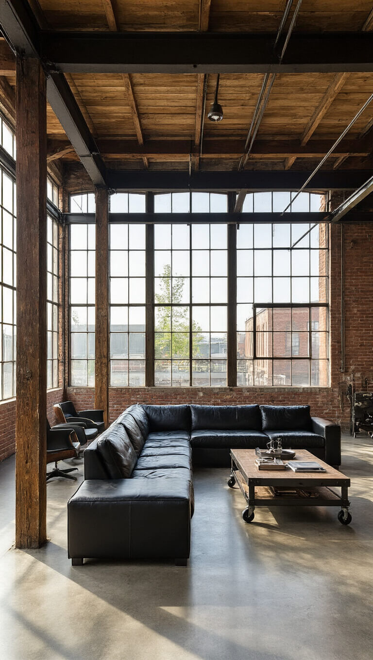 Spacious converted warehouse living room with industrial décor, timber beams, concrete floors, black leather sofa, and large factory windows filtering afternoon light.