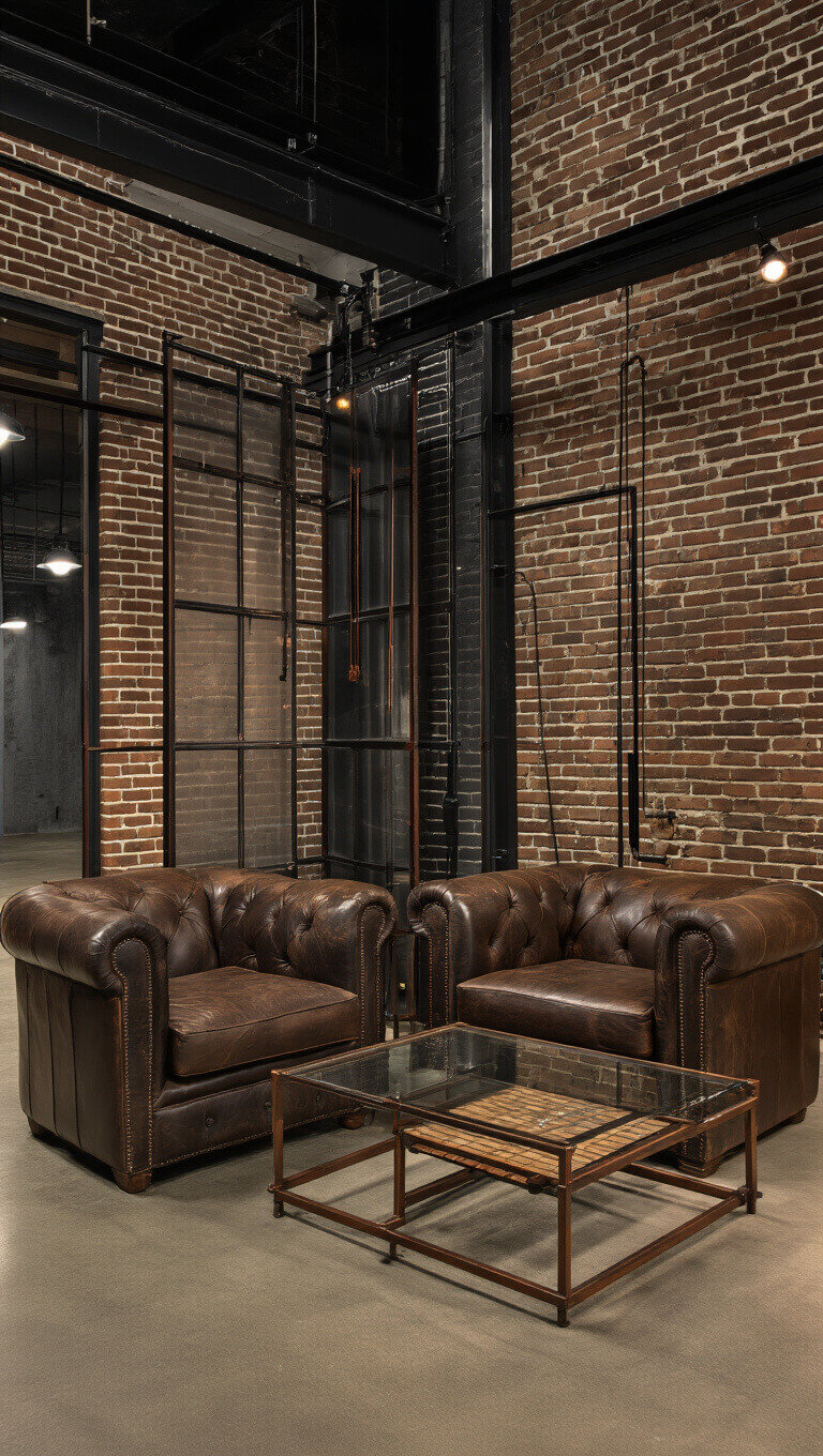 Urban industrial living room at night with deep charcoal brick walls, copper accents, leather club chairs, steel and glass coffee table, custom metal divider, and vintage-style smart lighting in low-light atmosphere.