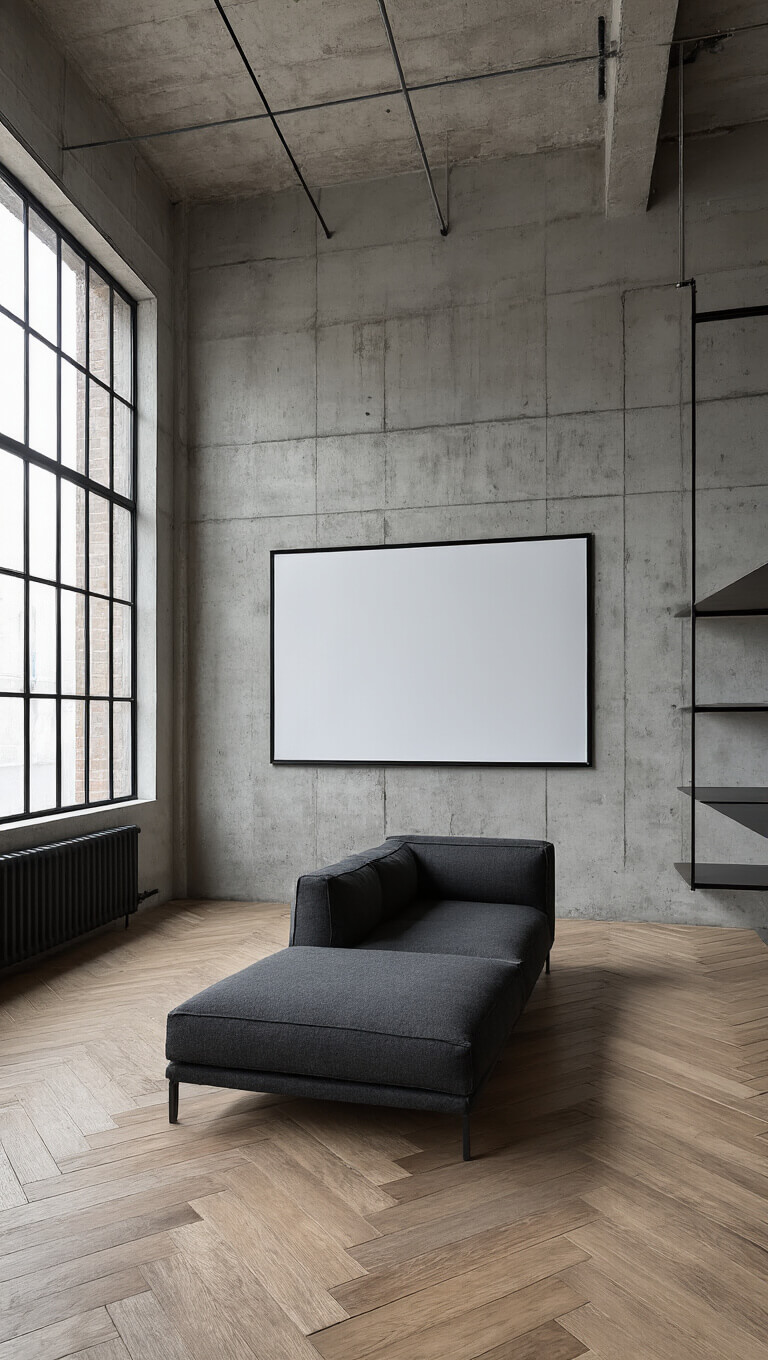 Minimalist industrial room with concrete walls, herringbone wood floors, charcoal sectional, and steel shelving in natural morning light.