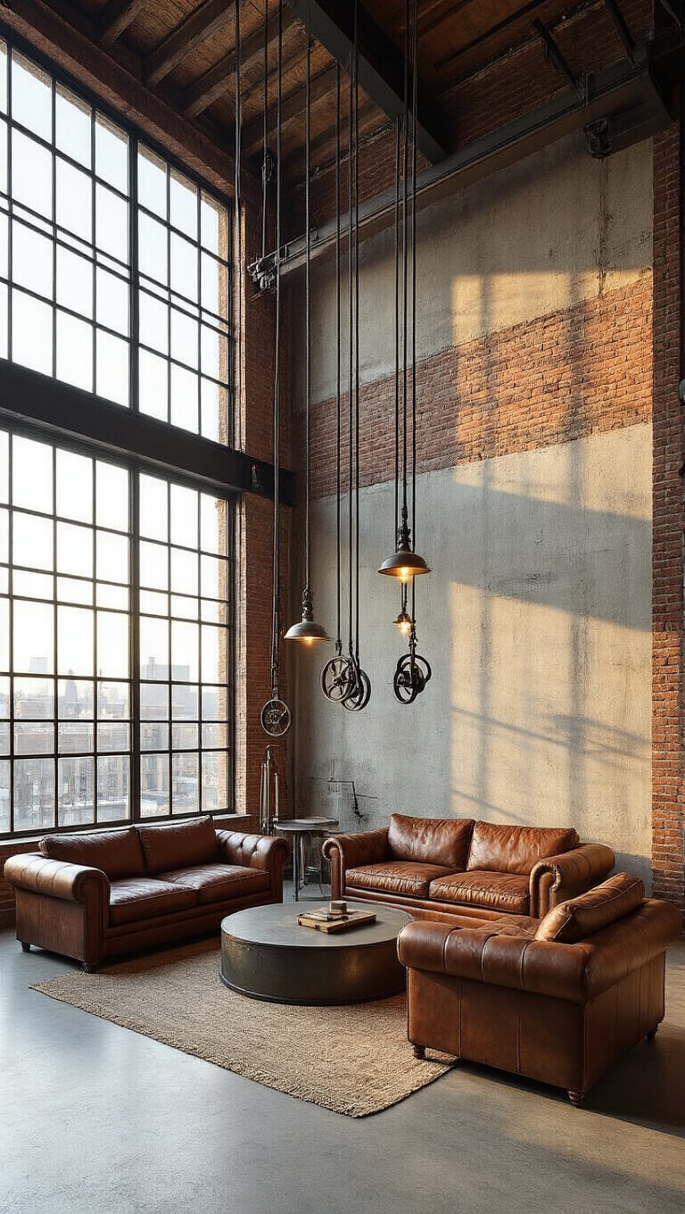 Industrial-style corner living room with vintage leather sofas, circular steel coffee table, exposed brick and concrete walls, triple-height steel-framed windows, and repurposed pulley lighting, captured in golden hour light with dramatic upward angle.