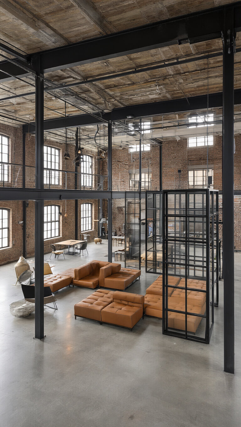Modern industrial loft interior at blue hour with exposed black steel beams, polished concrete floors, cognac leather modular seating, and custom steel and glass room divider.