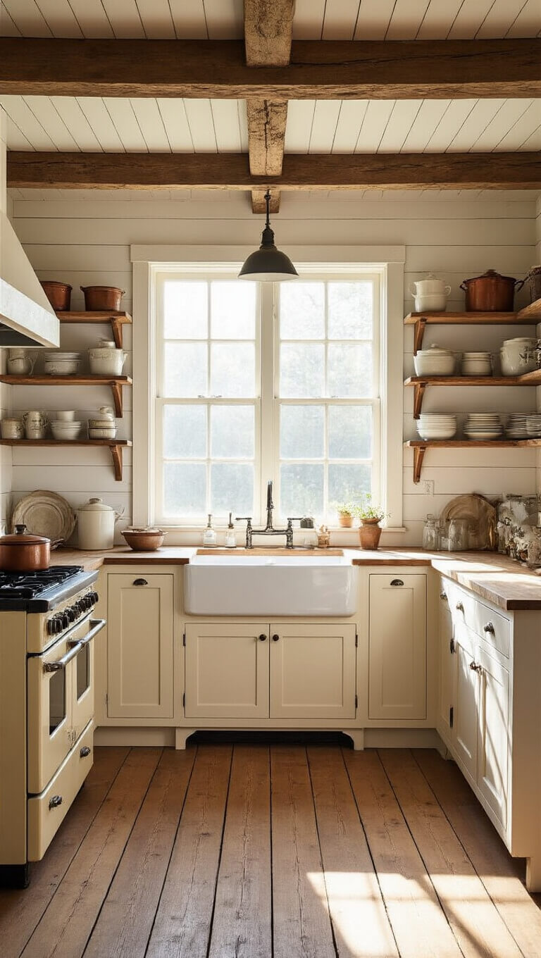 Rustic cabin kitchen with farmhouse sink, vintage range, and morning light streaming through window, highlighting pine floors and open shelving.