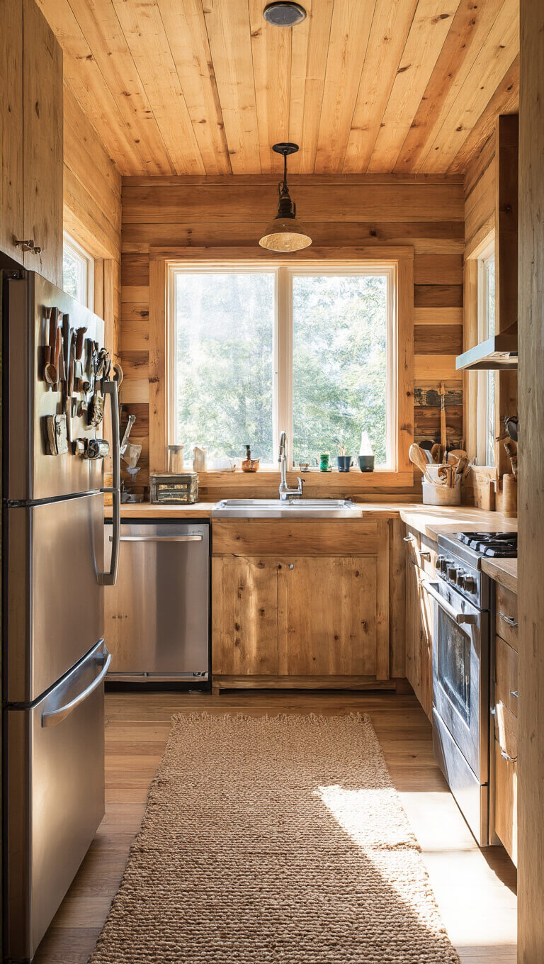 Sunlit cabin kitchen with honey-toned wood paneling, stainless steel fridge with vintage magnets, magnetic knife strip, and woven jute runner.