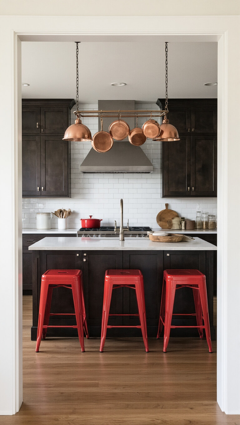 Cozy 9x11ft kitchen with dark wood cabinets, white subway tile backsplash, central island with hanging copper pot rack, and vintage red stools, lit by natural and pendant light.