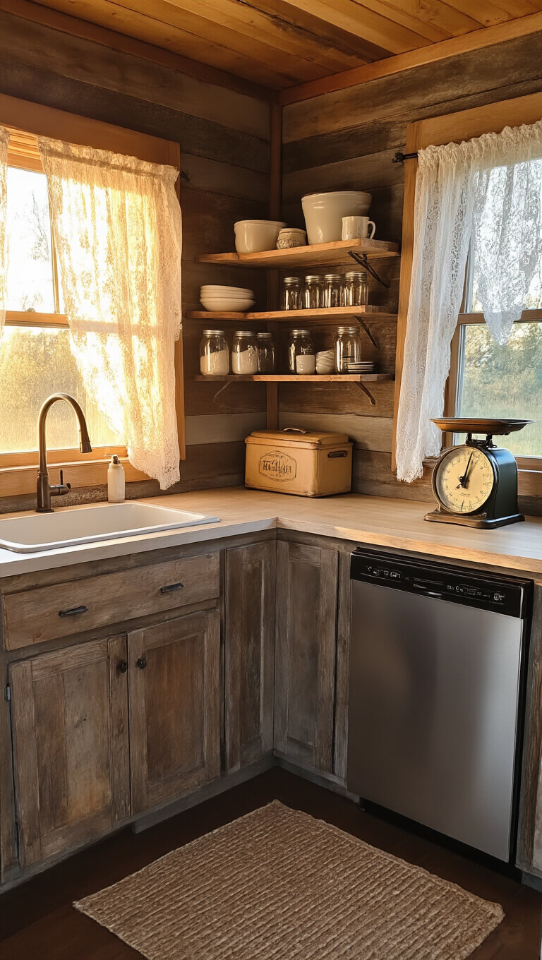 Cozy 8x10ft cabin kitchen at sunset with golden light through lace curtains, barnwood shelves holding mason jars, compact dishwasher under quartz counters, and antique breadbox and scale in a corner vignette.