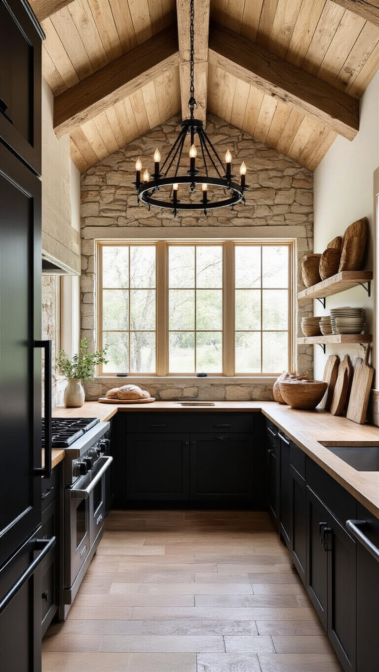Rustic 11x9ft kitchen nook with black iron chandelier, stone accent wall, cedar ceiling beams, matte black appliances, and vintage bread boards on walls.