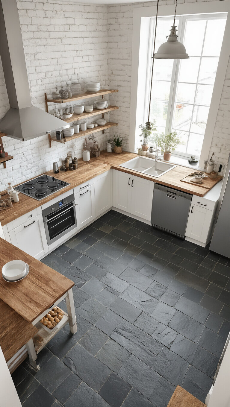 Modern-rustic 10x10ft kitchen with slate floors, white brick walls, industrial shelving, minimalist dinnerware, and compact brushed steel appliances, viewed from above.