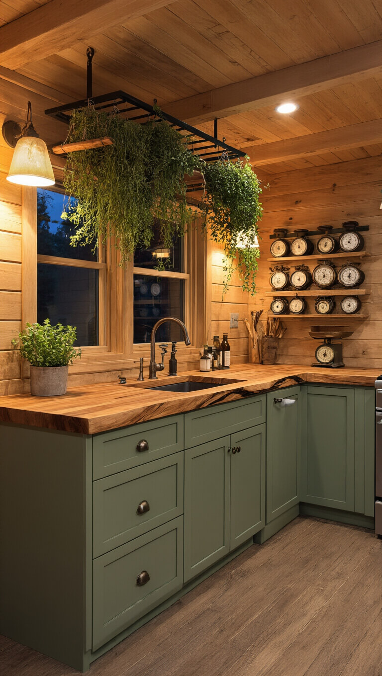 Cozy nighttime cabin kitchen with warm lighting, raw wood countertops, sage green cabinets, hanging herbs, and vintage scales on the wall.