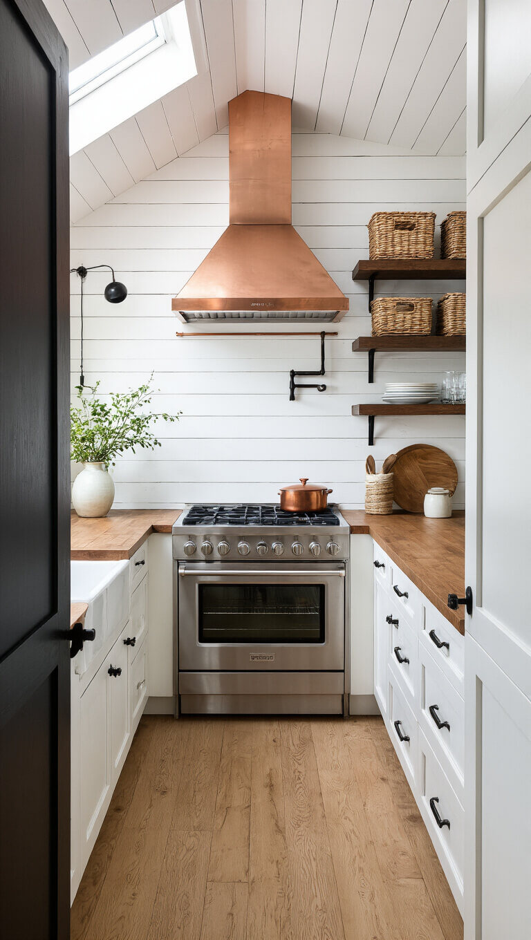 Light-filled galley kitchen with skylights, whitewashed walls, dark open shelves, compact gas range with copper hood, and woven basket storage above cabinets.