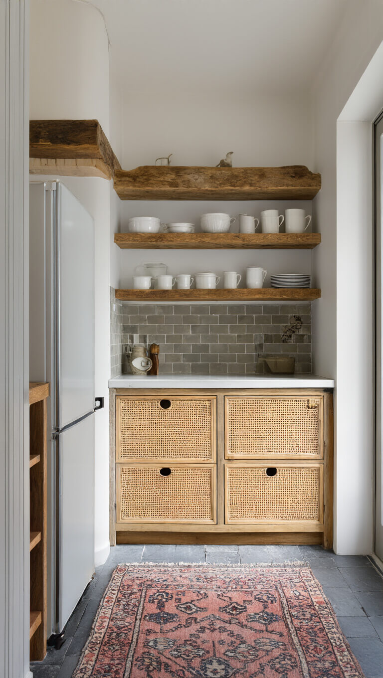 Cozy 10x9ft kitchen corner with reclaimed timber shelves, ironstone display, bamboo-paneled fridge, vintage rug on slate floor, in afternoon light.