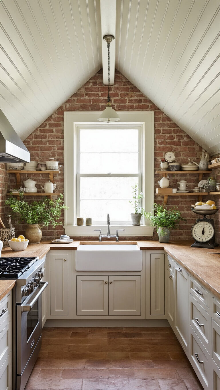 Cozy 8x12ft kitchen with dormer window, exposed brick wall, beadboard ceiling, compact panel-ready appliances, and antique scale collection centerpiece.