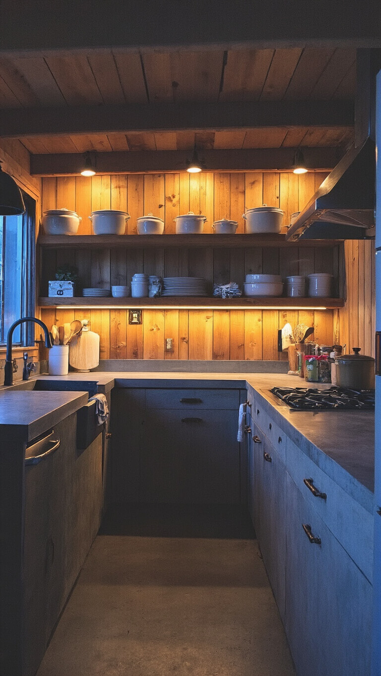 Cozy 11x10ft twilight kitchen with cedar walls, concrete countertops, under-cabinet lighting, and vintage enamelware accents.