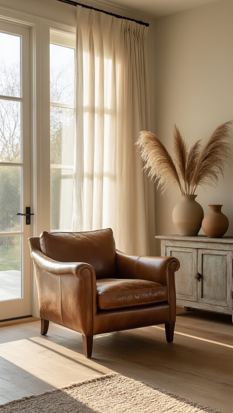 Warm, sunlit living room with cognac leather armchair, linen curtains, oak floors, and pampas grass in ceramic vases.