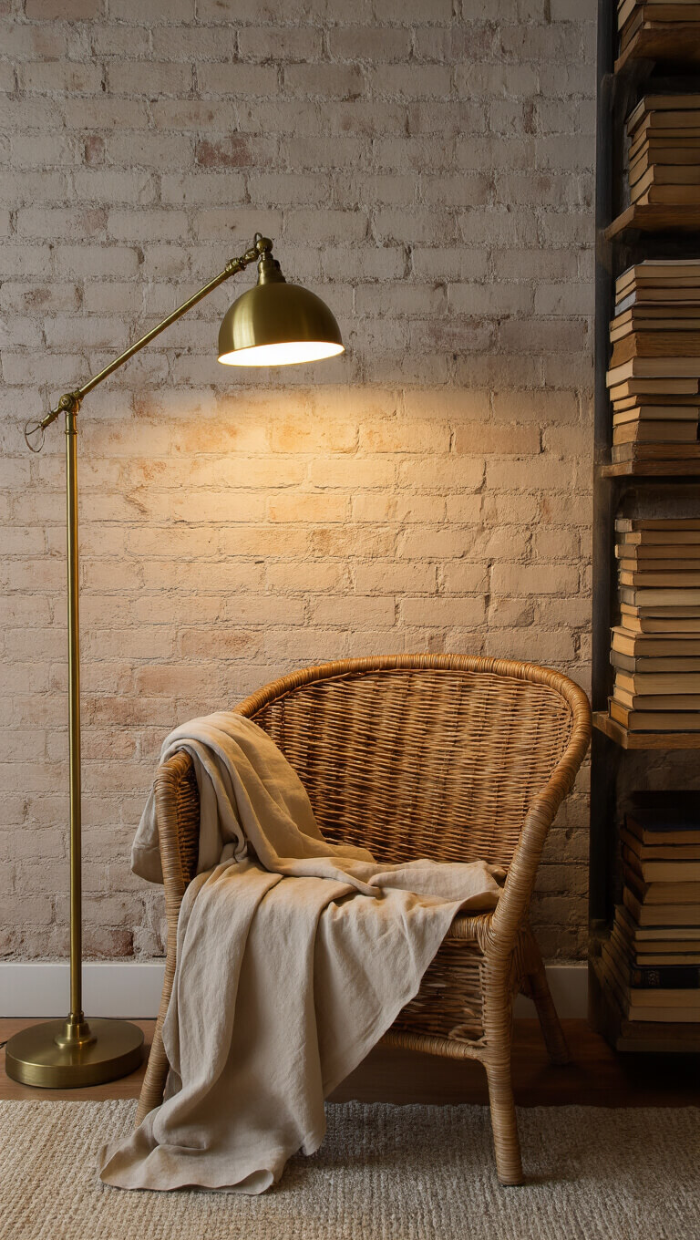 Cozy reading nook with rattan chair draped in beige linen, vintage brass floor lamp, aged brick wall, and reclaimed wood shelves stacked with worn art books.