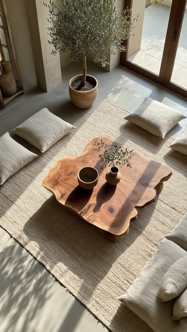 Bird's eye view of a sunlit open-concept living space with a worn wool rug, live-edge walnut coffee table, natural-toned linen cushions, and a potted olive tree casting shadows.