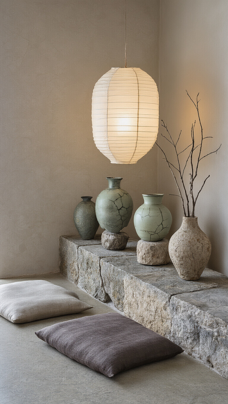 Low-angle view of a serene meditation corner at dawn featuring handmade ceramic vessels with crazing on stone plinths, soft lantern light, raw silk cushions, and dried branches in a weathered vase.