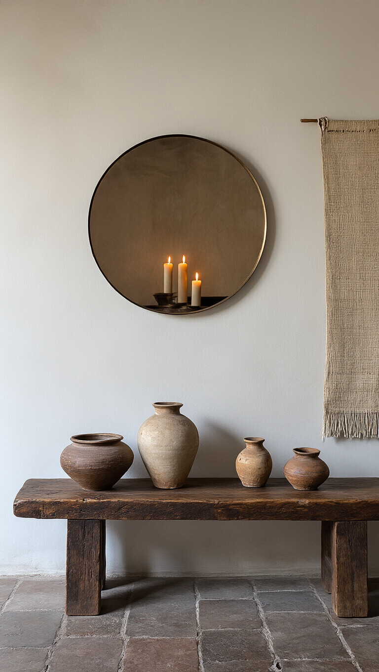 Minimalist 16x18ft twilight sitting room corner with tarnished bronze mirror, vintage repaired pottery, aged wooden bench, and handloomed textile wall hanging in moody lighting.