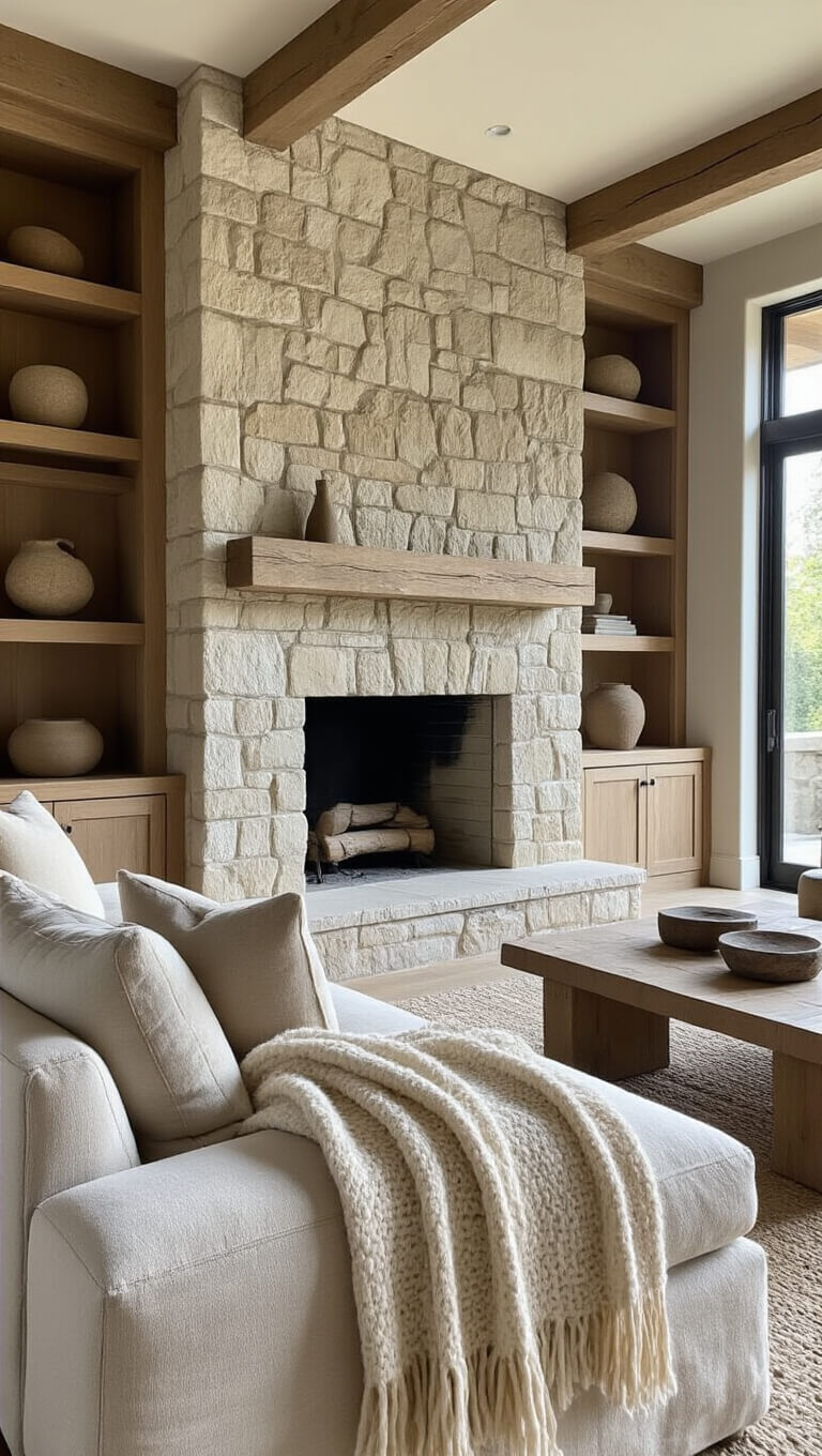 Wide shot of a tranquil 20x24ft living room with weathered stone fireplace, oak shelves displaying natural artifacts, and a slouchy linen sofa draped with a chunky wool throw.