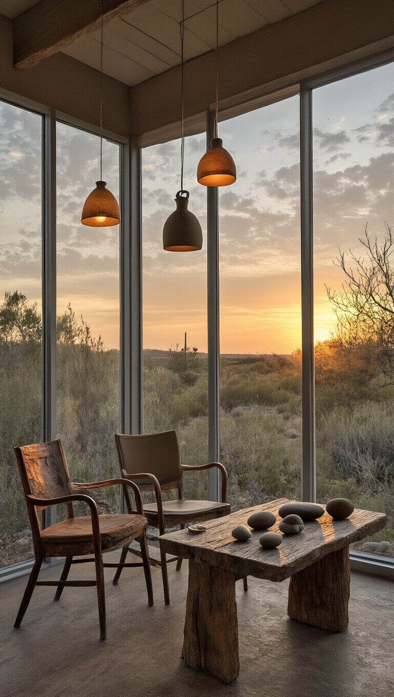 Cozy 13x15ft sunset-lit conversation nook with ceramic pendant lights casting organic shadows, worn vintage chairs, rustic wooden side table with river stones and found objects, in clay, driftwood grey, and soft black tones.