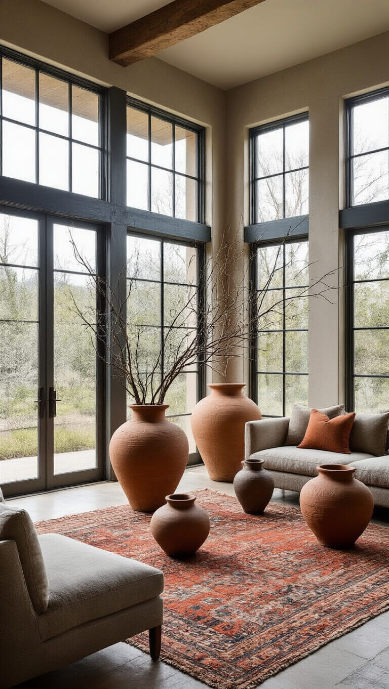 Airy 17x19ft living room at dawn with floor-to-ceiling steel-framed windows, faded kilim rug, dry sculptural branches in clay pots, and ceramic vessels bathed in soft natural light.