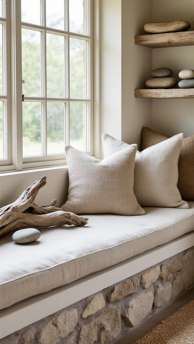 Close-up of cozy built-in window seat with worn linen cushions, handwoven pillows, driftwood, and smooth stones on a rough stone shelf, bathed in soft midday light.