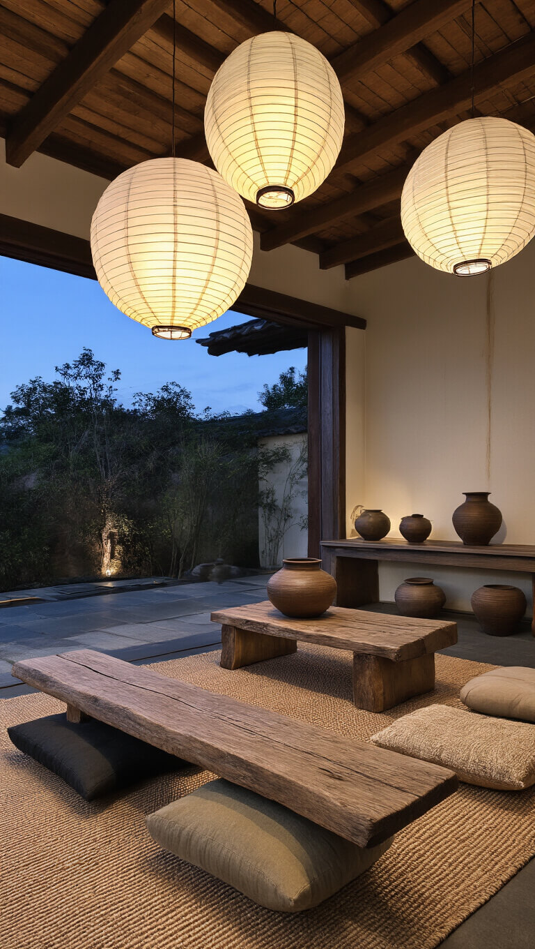 Zen-style 16x20ft living space at dusk with glowing paper lanterns, aged wooden bench, worn natural fiber cushions, and handmade pottery, all bathed in soft, atmospheric light and shadows.