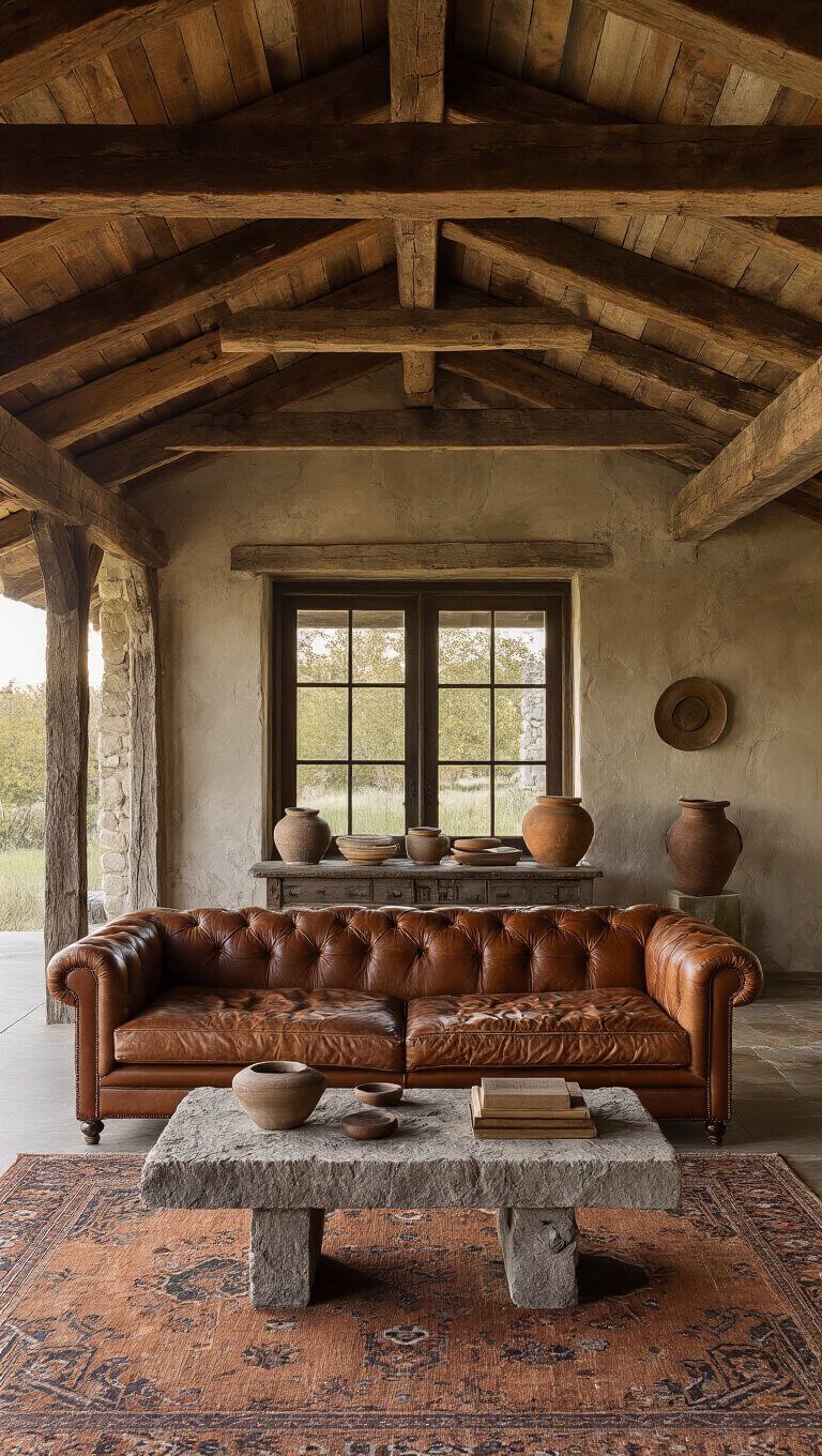 Rustic 14x18ft room at golden hour with aged wooden beams, vintage leather sofa on worn antique carpet, and crazed ceramics on stone console in warm, natural light.