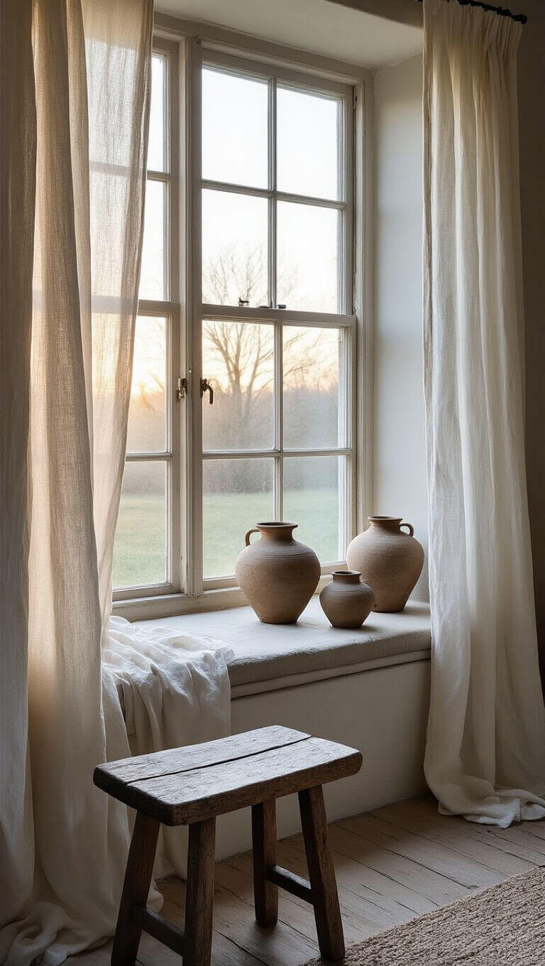 Window nook in a small sitting room at dawn with handmade pottery, raw silk curtains, and a weathered wooden stool in soft morning light.
