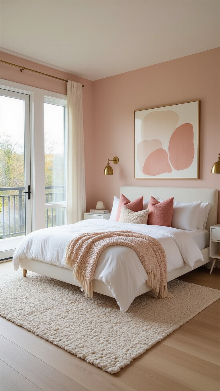 Contemporary bedroom with blush pink walls, white platform bed with rose accents, and soft golden hour light through large windows.