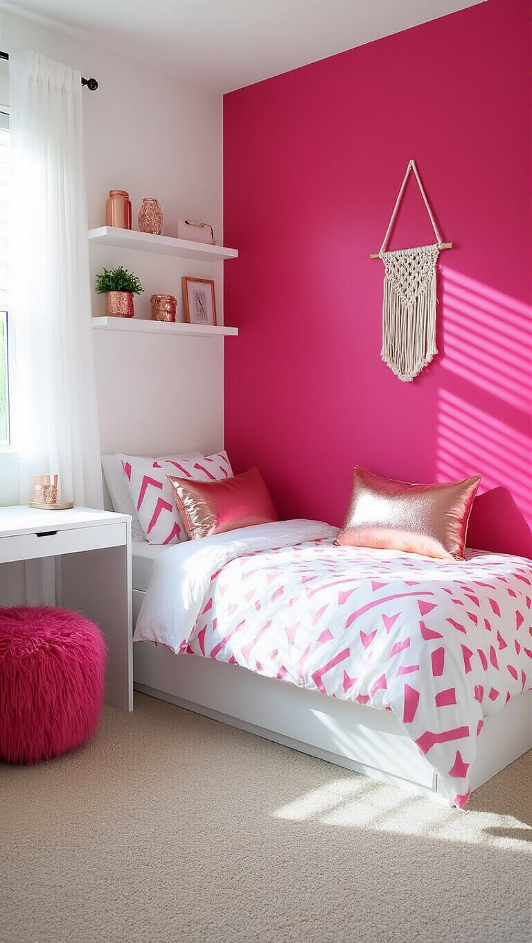 Bright 12x14ft teen bedroom with hot pink accent wall, white furniture, geometric bedding, and soft natural light filtering through sheer curtains.