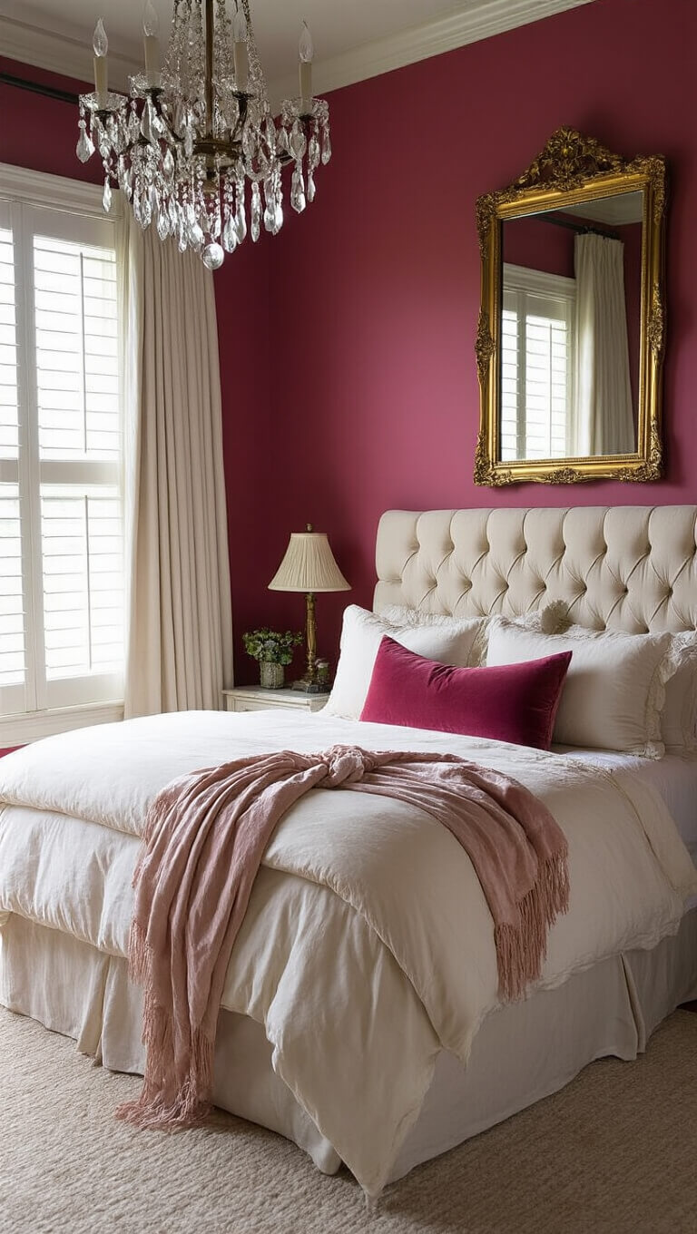 Moody boudoir-style master bedroom with strawberry pink accent wall, tufted cream headboard, ivory bedding, vintage pink pillows, crystal chandelier, and antique gold decor.