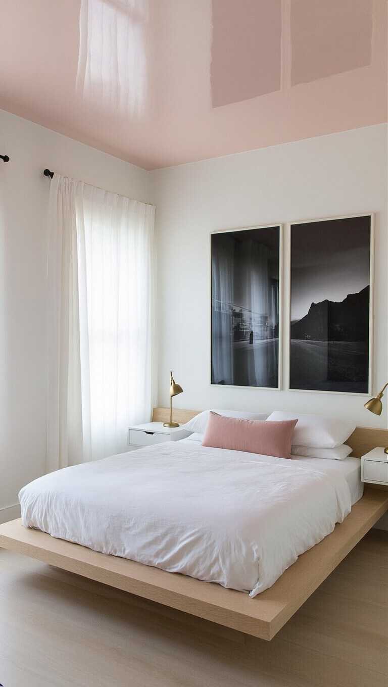 Modern minimalist bedroom with pale pink ceiling, white walls, bleached oak platform bed, white linens, blush pillow, floating nightstands, brass lamps, black and white art, and sheer white drapes.