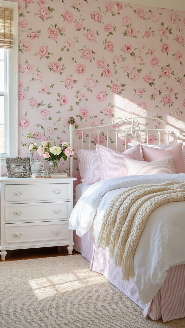 Cozy 13x15ft guest bedroom with pink floral wallpaper, white iron bed, layered bedding in soft pinks and whites, vintage-styled dresser, and dreamy magic hour lighting.