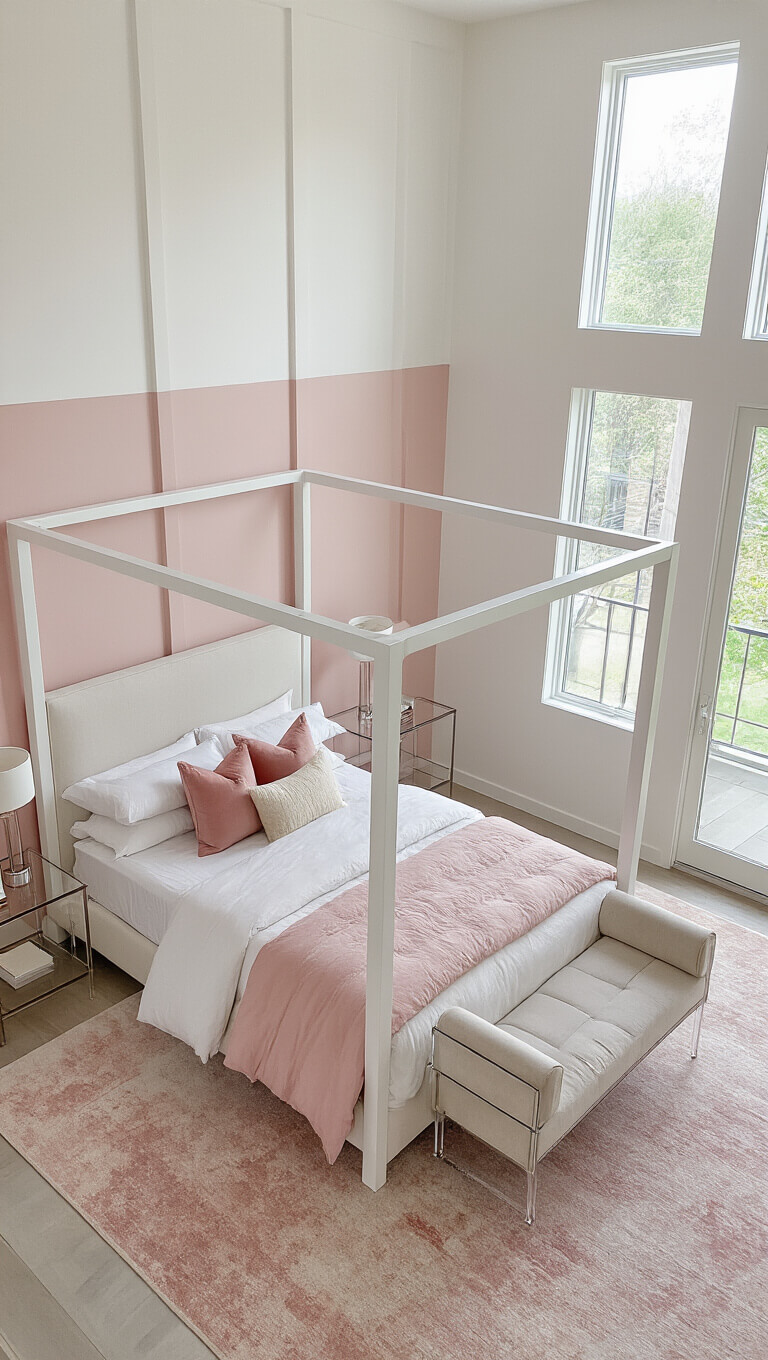 Contemporary 14x16ft bedroom with white and ballet pink walls, modern white four-poster bed, blush abstract rug, lucite side tables, and floor-to-ceiling windows with sheer curtains.