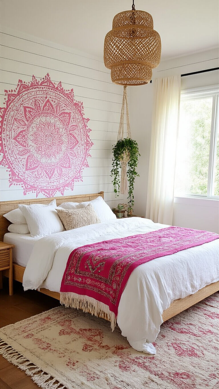 Bohemian 12x14ft bedroom with white shiplap walls, pink mandala mural, low bed with vintage Moroccan blanket, rattan pendant, layered rugs, macramé planters, and golden hour lighting through gauzy curtains.