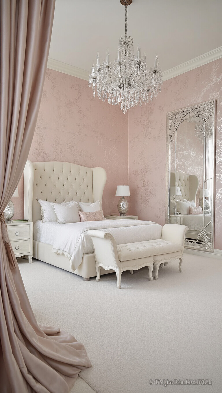 Luxurious 15x17ft master suite with cream velvet wingback bed, pale pink silk wallpaper, crystal chandelier reflected in ornate mirror, white marble side tables with mercury glass lamps, plush white carpet, and heavy silk drapes.