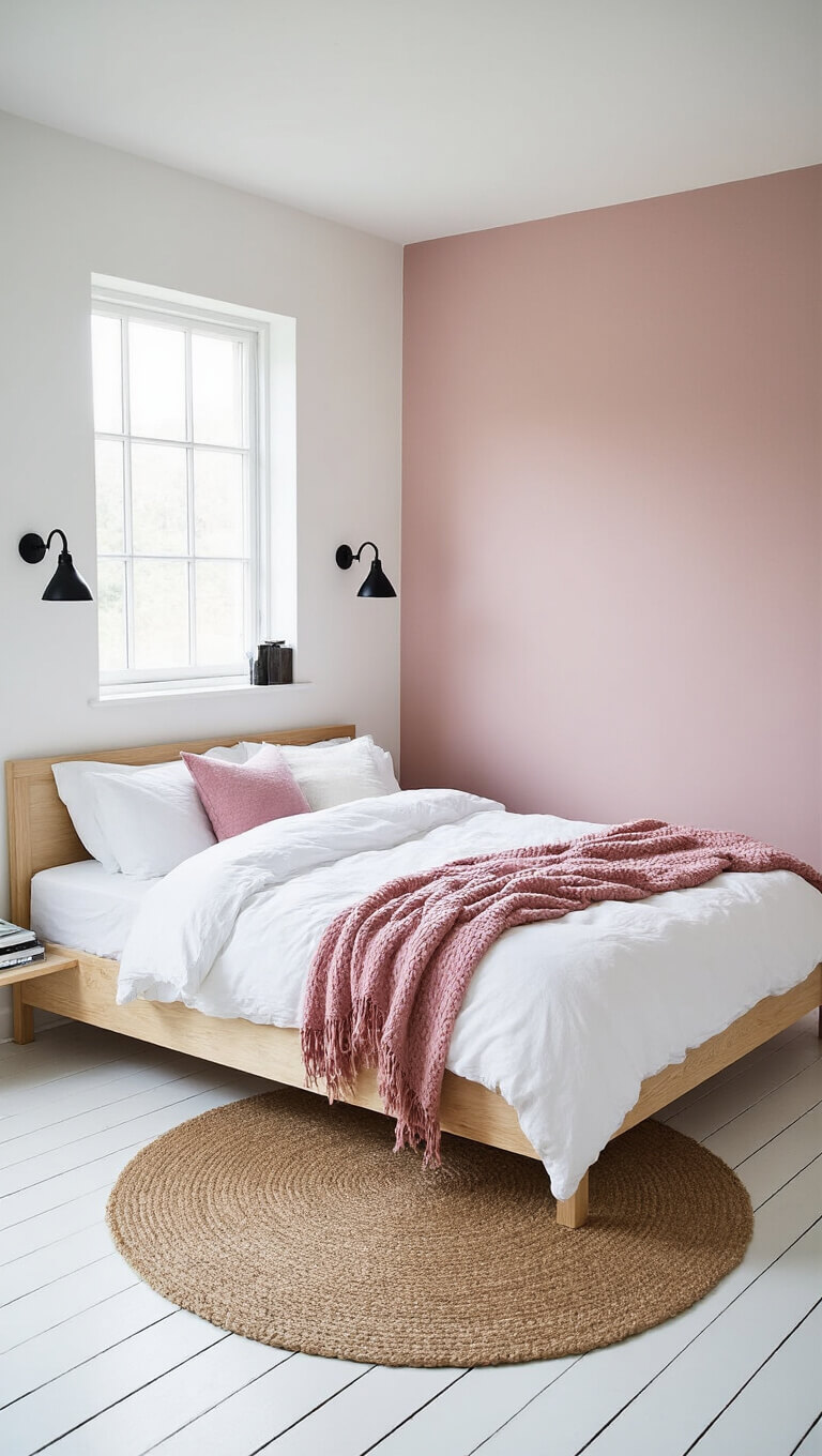 Scandinavian-style 13x14ft bedroom with whitewashed walls, dusty pink accent wall, wooden bed with white linens and pink throw, black sconces, floating nightstands, jute rug on white floors, and soft morning light through bare windows.