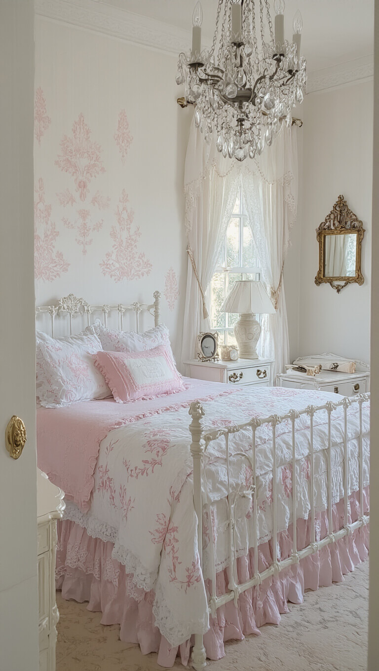 French-inspired bedroom with antique white iron bed, pink toile accents, crystal chandelier, vintage mirrors, and lace-curtained windows filtering afternoon light.