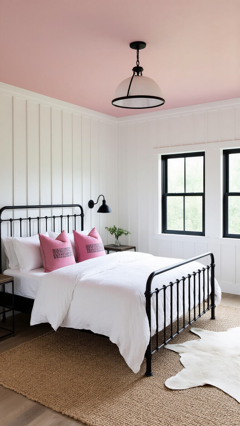 Modern farmhouse bedroom with iron bed, white linens, pink ceiling, black sconces, sisal and cowhide rugs, and natural light from black-framed windows.