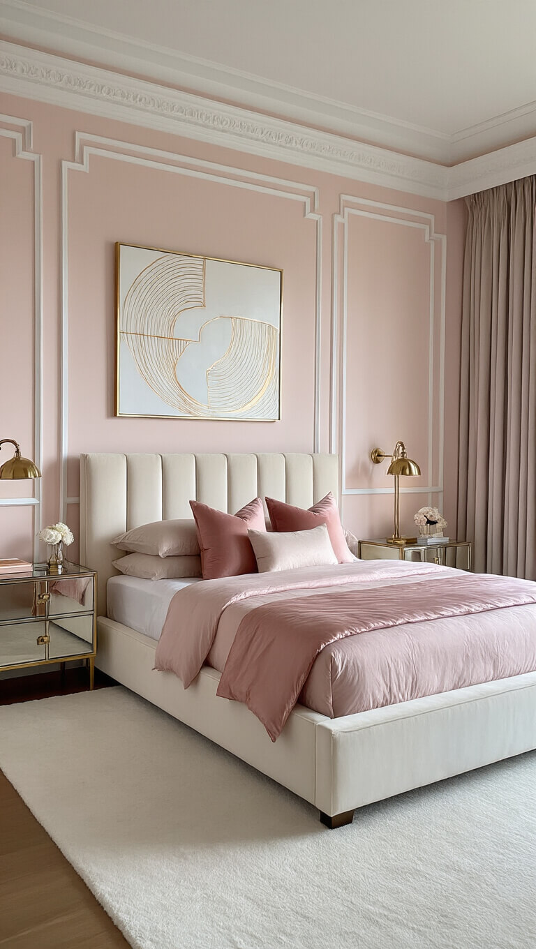 Low-angle view of Art Deco-style bedroom with blush pink walls, cream velvet bed, mirrored nightstands, and rose gold abstract artwork.